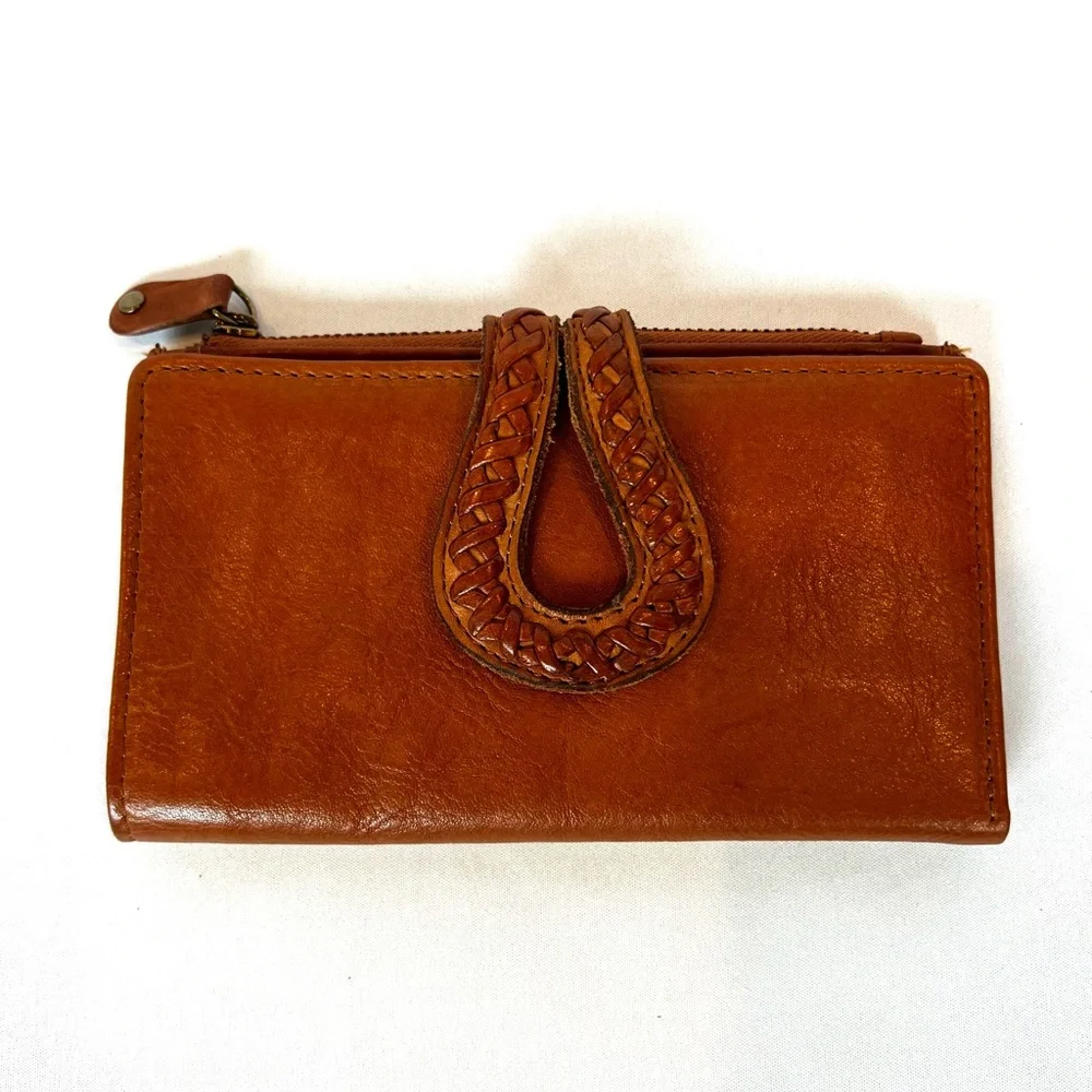 Genuine Leather Braided Tab Wallet Boho Brown Bifold Checkbook Organizer - Picture 1 of 10